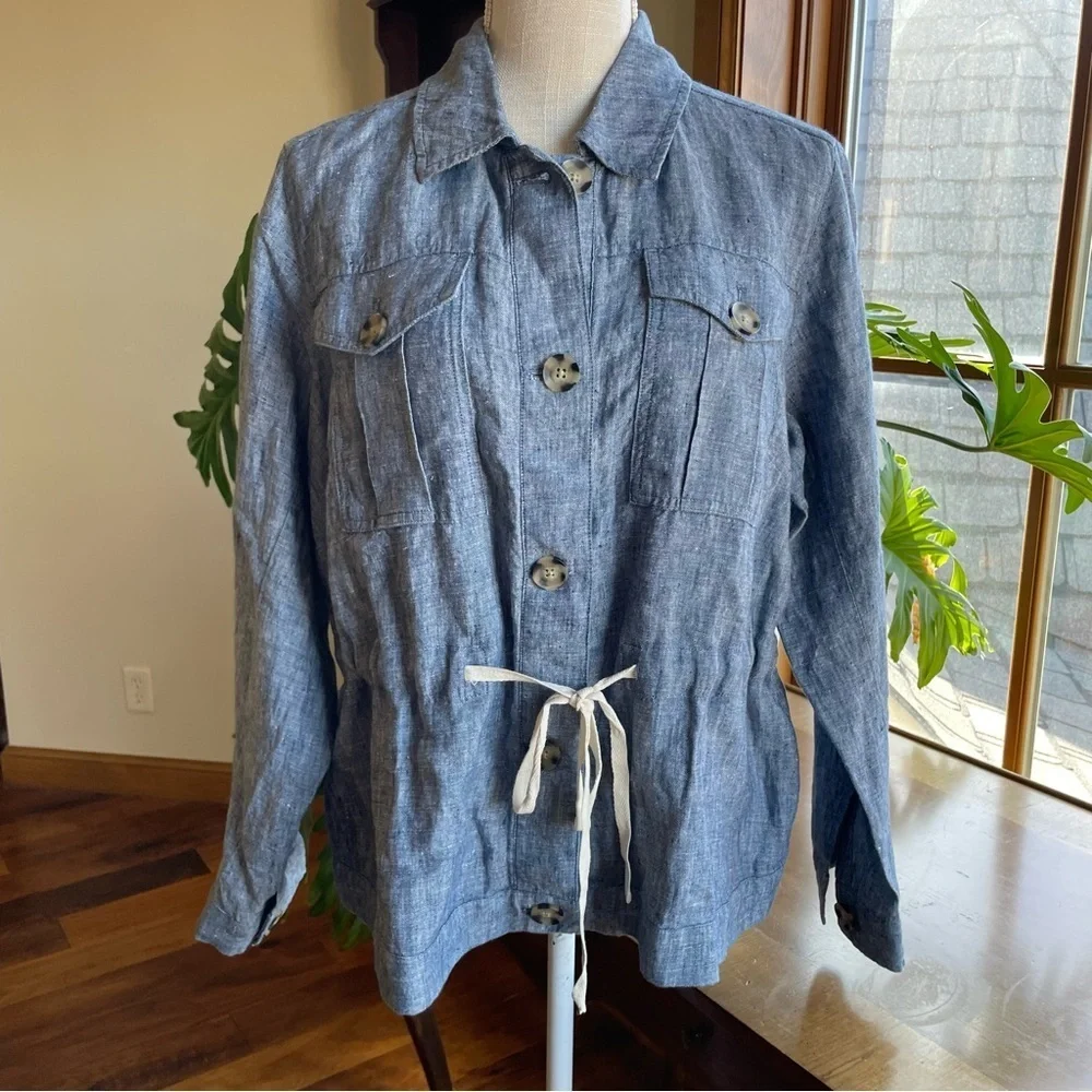 J. Jill Love Linen Casual Blue Tie Waist 100% Linen Utility Chore Jacket - Picture 4 of 15